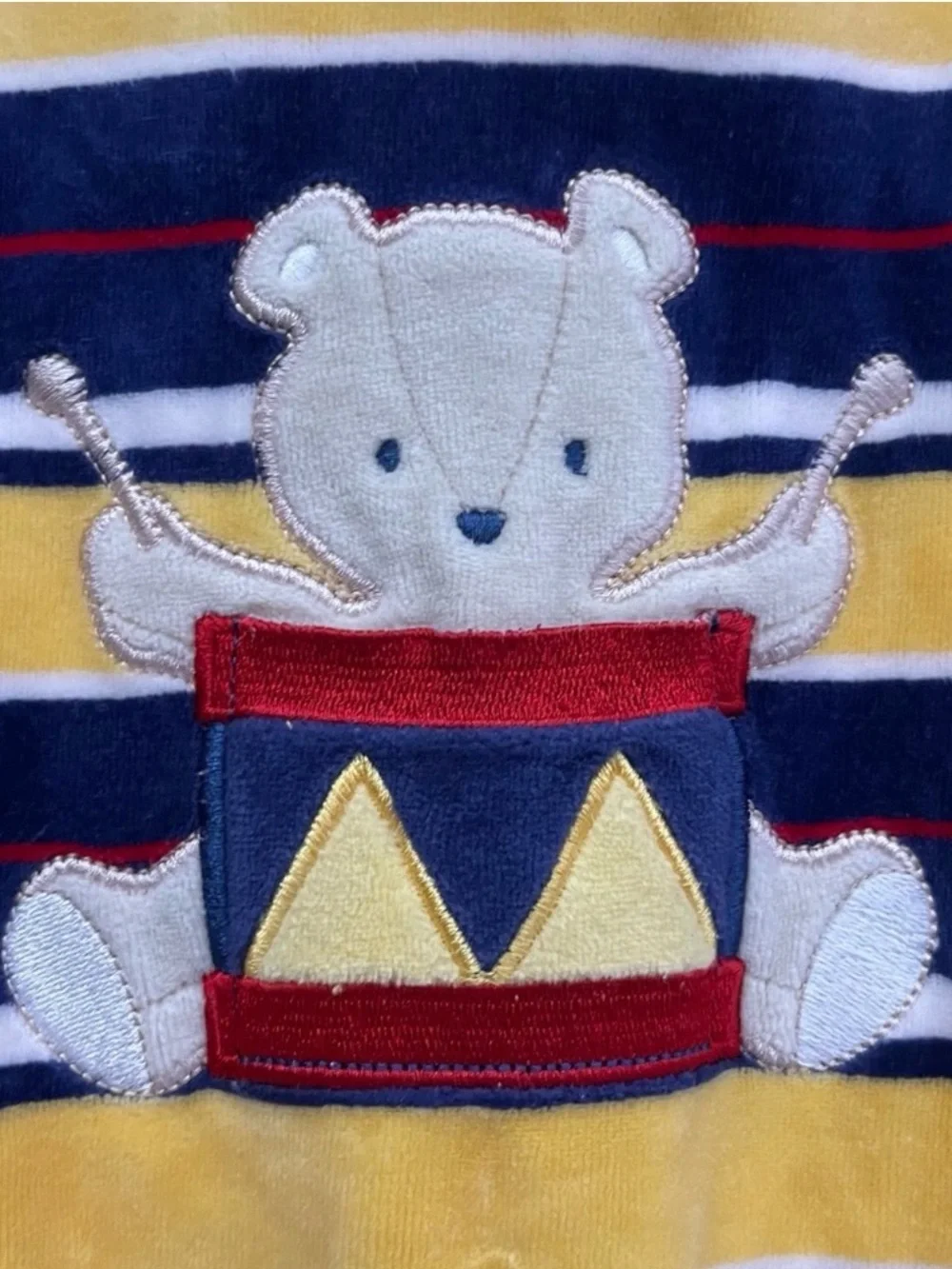 Little Me Vintage Yellow Navy and Red Striped Bear and Drum Appliqué Romper